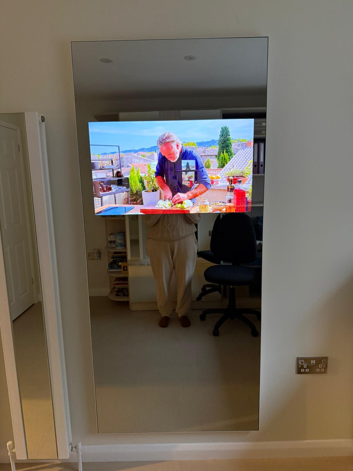 32 inch Full-length 32 inch Full-length Bedroom Framed Mirror TV, with steel frame (painted white) and Vanity Mirror.